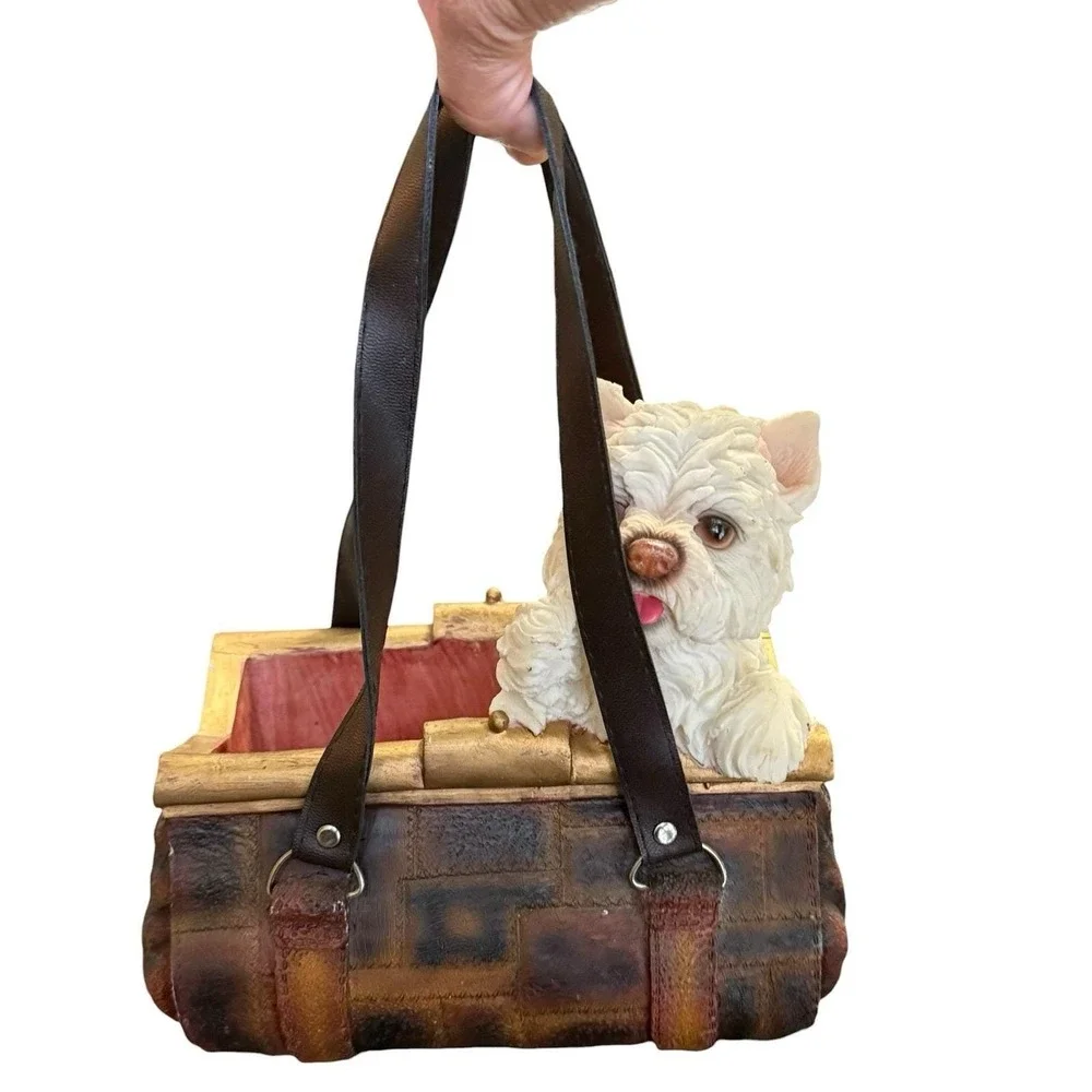 Vintage Westie Dog Purse Planter Resin Basket Faux Leather Handles Terrier Decor